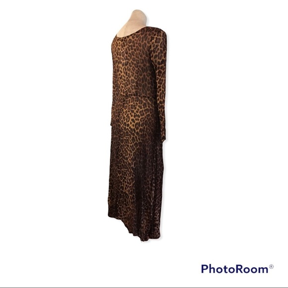 Vintage 90s Womens Maxi Dress Long Sleeve Sheer Leopard Print Brown Tan Small - Picture 8 of 9